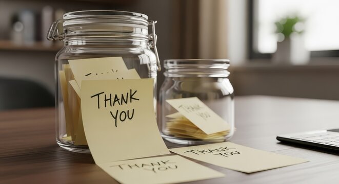 Close-up of handwritten 'Thank You' notes placed around and inside glass jars, conveying appreciation and gratitude.