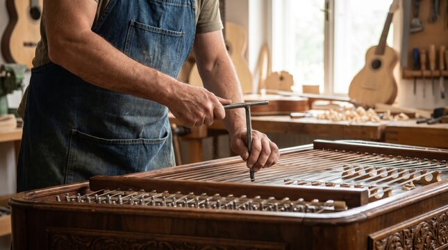 Luthier tuning a wooden hammered dulcimer instrument with a metal T-shaped tuning wrench