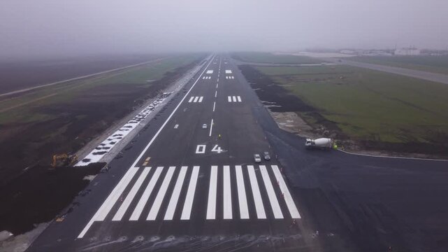 Aerial view straight down an airport runway disappearing into dense fog, with fresh runway markings, threshold stripes and surrounding construction areas creating a dramatic low-visibility aviation sc