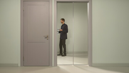Fototapeta premium Door with mirror surface beside plain gray door in hallway with a man standing and holding a door handle