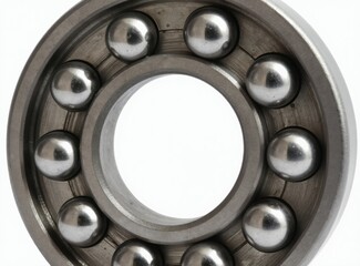 Obraz premium Metal ball bearing with multiple steel spheres for smooth rotation. This precision part is crucial for machinery and vehicle parts, aiding motion and reducing friction.