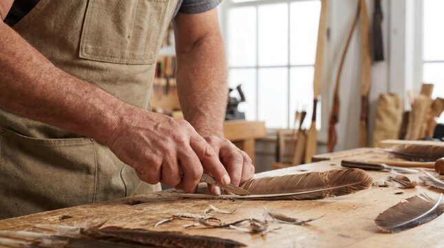 Fletcher precisely cutting the edge of a natural brown bird feather with a sharp metal scalpel