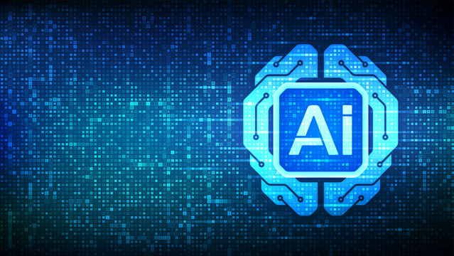 Digital brain. Artificial Intelligence technology concept. AI. Neural network. Big data analysis. Machine learning. Binary code background with digits 1.0. Binary Data Flow. Vector illustration.