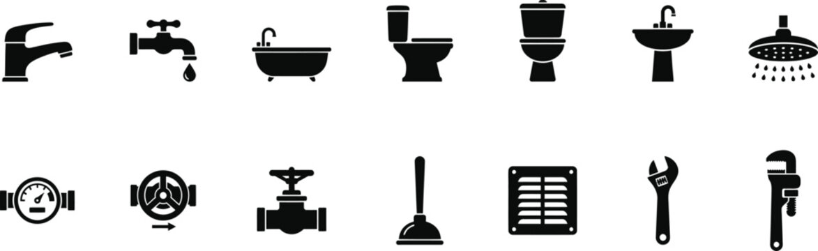 Plumbing icons set. black vector illustration of sanitary ware, tools, and pipes for bathroom and kitchen.