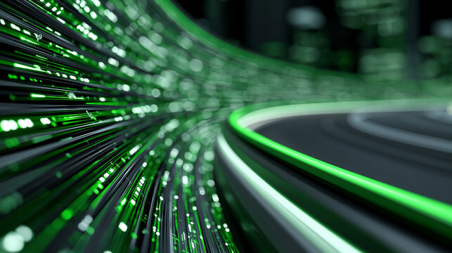 Responsible AI compliance and ethics roadmap background with glowing green guardrails on a digital data highway, modern technology governance concept, with copy space