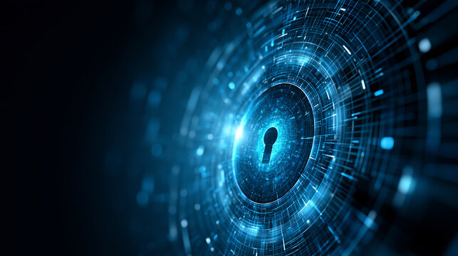 Cybersecurity digital fortress with a glowing blue data core, secure network protection system, futuristic technology background for security banner, with copy space