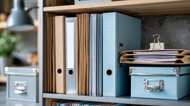 Organized archive shelf with kraft packets, frosted sleeves, binder clips and document folders, office workflow management report header concept, with copy space