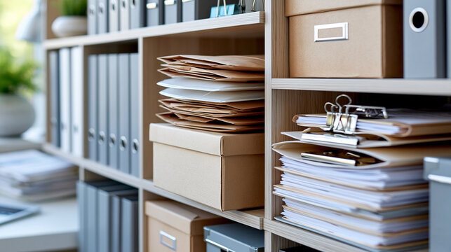Organized archive shelf with kraft packets, frosted sleeves, binder clips and document folders, office workflow management report header concept, with copy space