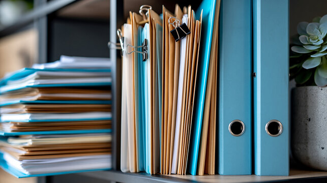 Organized archive shelf with kraft packets, frosted sleeves, binder clips and document folders, office workflow management report header concept, with copy space