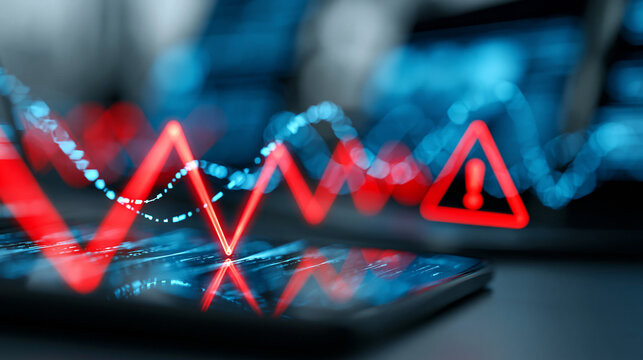 Cybersecurity threat monitoring glass surface with red alert glows and blue signal traces, security operations report header concept, with copy space