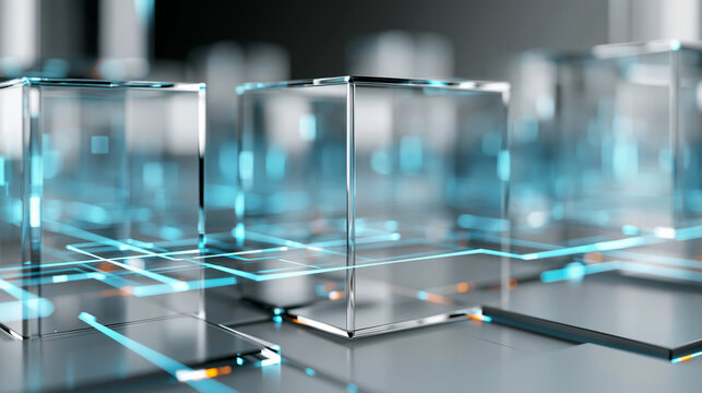 Transparent glass cube grid with digital workflow orchestration and synchronized light paths, technology background concept, with copy space