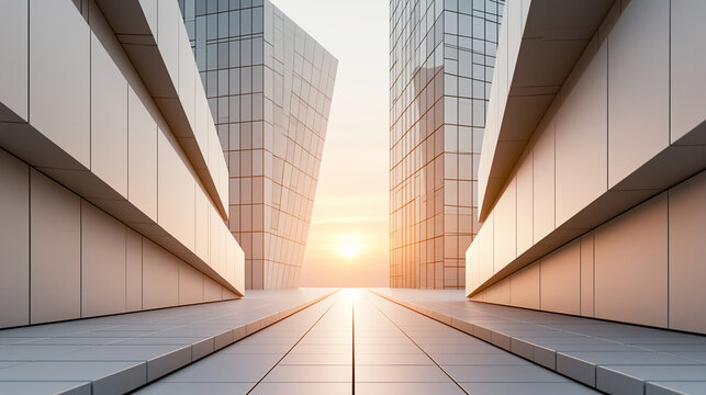 Minimal architectural path leading into warm light with beige modern buildings, future opportunity background banner concept, calm tone, with copy space