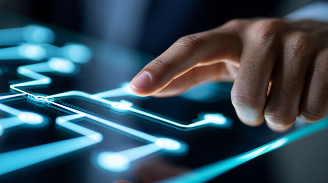 Human hand guiding digital workflow orchestration on a transparent glass interface with connected nodes and glowing path lines, dark technology background, with copy space