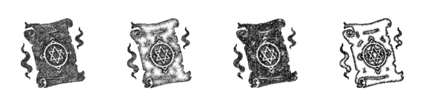 Black and white sketch cursed spell icon design set
