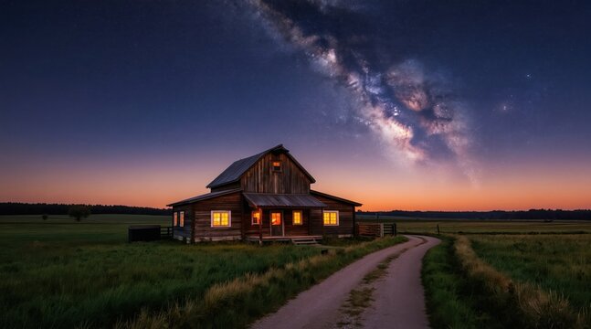 Rustic wooden barn glows warmly under the vast Milky Way. A dirt path winds through green fields toward the isolated farm building at twilight. Nature grandeur meets country living.