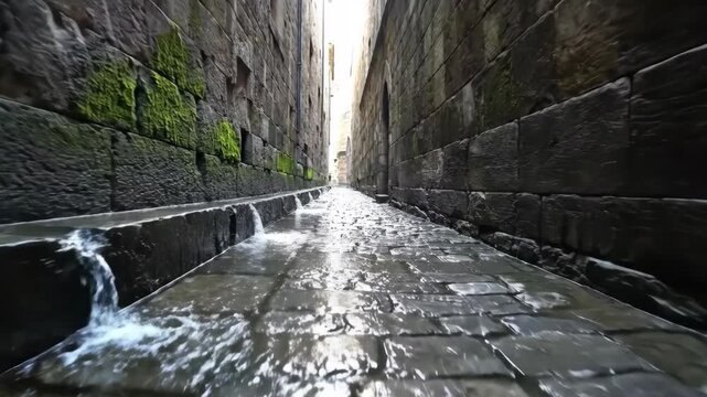 Ancient Stone Water Channel Flowing Through Narrow Alleyway with Mossy Walls.