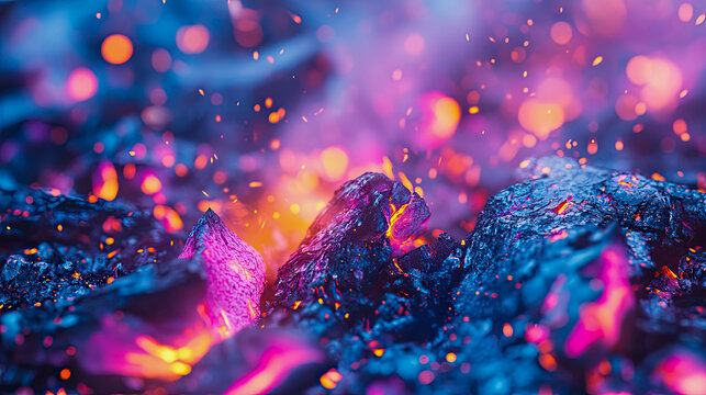 Macro view of glowing hot charcoal embers with vibrant blue and magenta neon lighting, cinematic spark particles rising from burning rocks in dark abstract fiery background