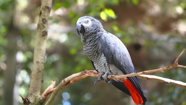 African grey parrot with bright red tail feathers perched on a tree branch keywords: african grey