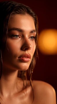 Woman's face with dramatic lighting and subtle motion during golden hour for beauty campaigns