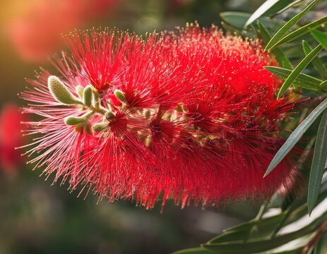 closeup of the red bottlebrush plant fuzzy red flowers