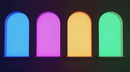 Fototapeta premium Four arched glowing windows display bright colors blue pink yellow green. Simple modern design background. Abstract art with light and shadow.