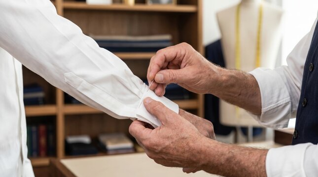 Tailor using a needle and thread to pin and alter the white cuff of a mans dress shirt