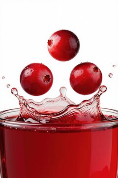 Three ripe cranberries fall into glass of red juice. Water splash erupts from impact. Bright beverage refreshingly cools thirst on hot days.