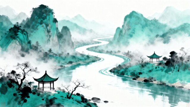 Traditional Asian landscape with river and pavilions
