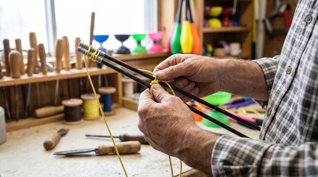 Craftsman tying a yellow string knot onto black diabolo juggling sticks on a workbench