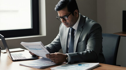 Obraz premium Indian man in suit examines financial report at desk with laptop. He reviews charts and data on papers. Professional works in modern office, analyzing business performance and investment growth.
