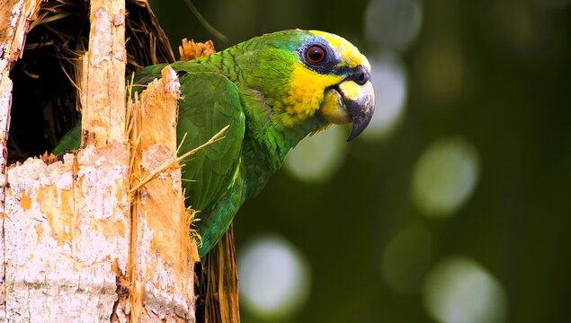 Close-up of a yellow-naped amazon parrot emerging from a tree hole