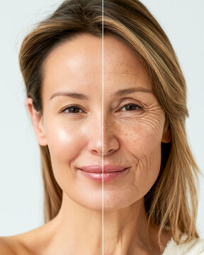 A split screen portrait of a woman face showing a skin aging comparison. The left side is smooth and young, while the right side features pronounced wrinkles and age spots