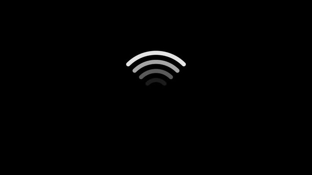 Minimalist wi-fi signal loading animation on black background, for digital interface, internet connection