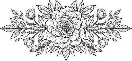 Fototapeta premium Black and White Floral Linework Vector Illustration Featuring Symmetrical Peony Bloom Buds and Engraved Botanical Leaves for Tattoo and Vintage Greeting Card Designs