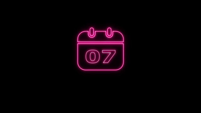 Neon pink calendar with number 07 glowing animation on black background, date seventh