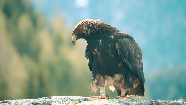 Golden eagle with brown feathers looking down on a rocky outcrop keywords: golden eagle, bird of