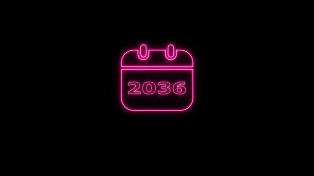 Neon pink calendar displaying year 2036 glowing on black background, date