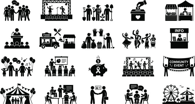Community event and public gathering icon collection featuring festivals volunteering fundraising education and social engagement activities.