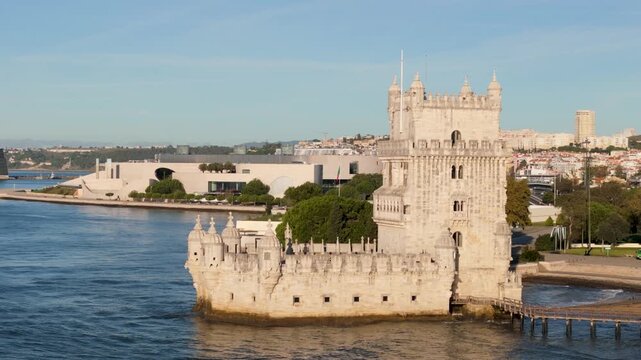 Aerial view of the historic Belem Tower featuring Manueline architecture on the banks of the Tagus River in Lisboa, Lisboa, Portugal.