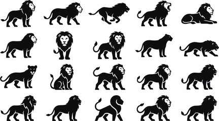 Lion and lioness silhouette black icons set for wildlife safari african animals predatory big cats hunting roaring lion king profile vector illustration. © Sagor