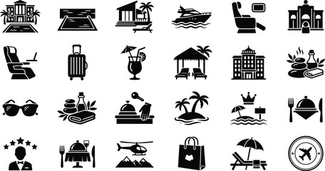Luxury travel and resort accommodation solid glyph icon set featuring premium vacation hotel spa wellness yacht helicopter beach villas and concierge service vector illustration. © Sagor