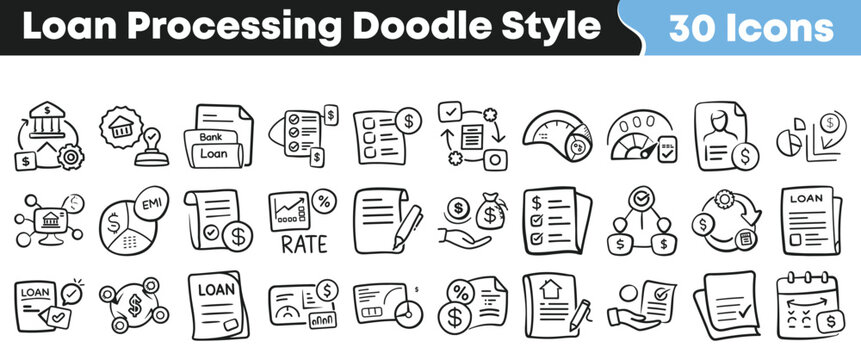 Hand drawn collection of financial loan processing doodle style icons