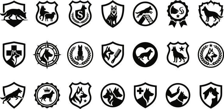 Premium Dog Logo Collection with Shield Badge Emblems, Canine Mascot Icons, Pet Security Symbols, Veterinary Branding Elements and Heraldic Designs.