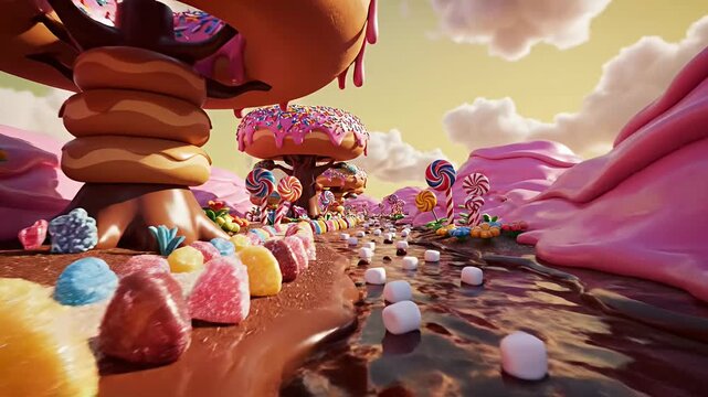 Vibrant candy landscape with chocolate river and donuts.
