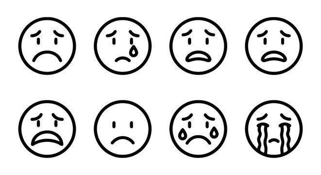 Sad Face Icons, Crying Emoticons, Negative Emotion Symbols, Vector Art Set