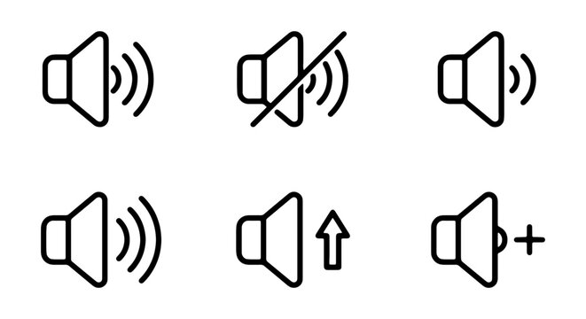 Audio Icons Set: Volume Control, Mute, Sound Levels, Amplification, Vector Graphics