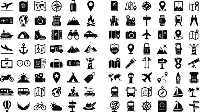 Travel and tourism icon collection featuring transportation navigation adventure vacation planning landmarks and global exploration symbols.