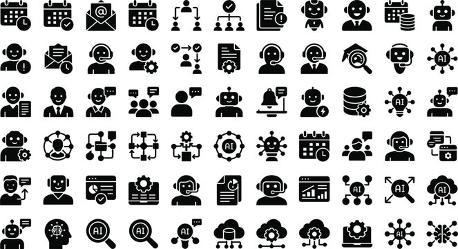 AI customer support and workflow automation icon collection featuring chatbots virtual assistants communication and business operations.