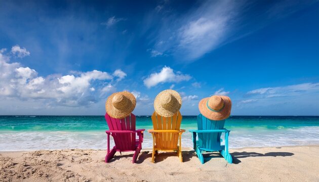 colorful adirondack chairs with hats sit on a sandy beach facing turquoise ocean waves under a blue sky with clouds