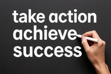 Obraz premium Hand writes motivational phrases on blackboard. Text says take action achieve success with chalk. Inspiring quote for business or personal growth.
